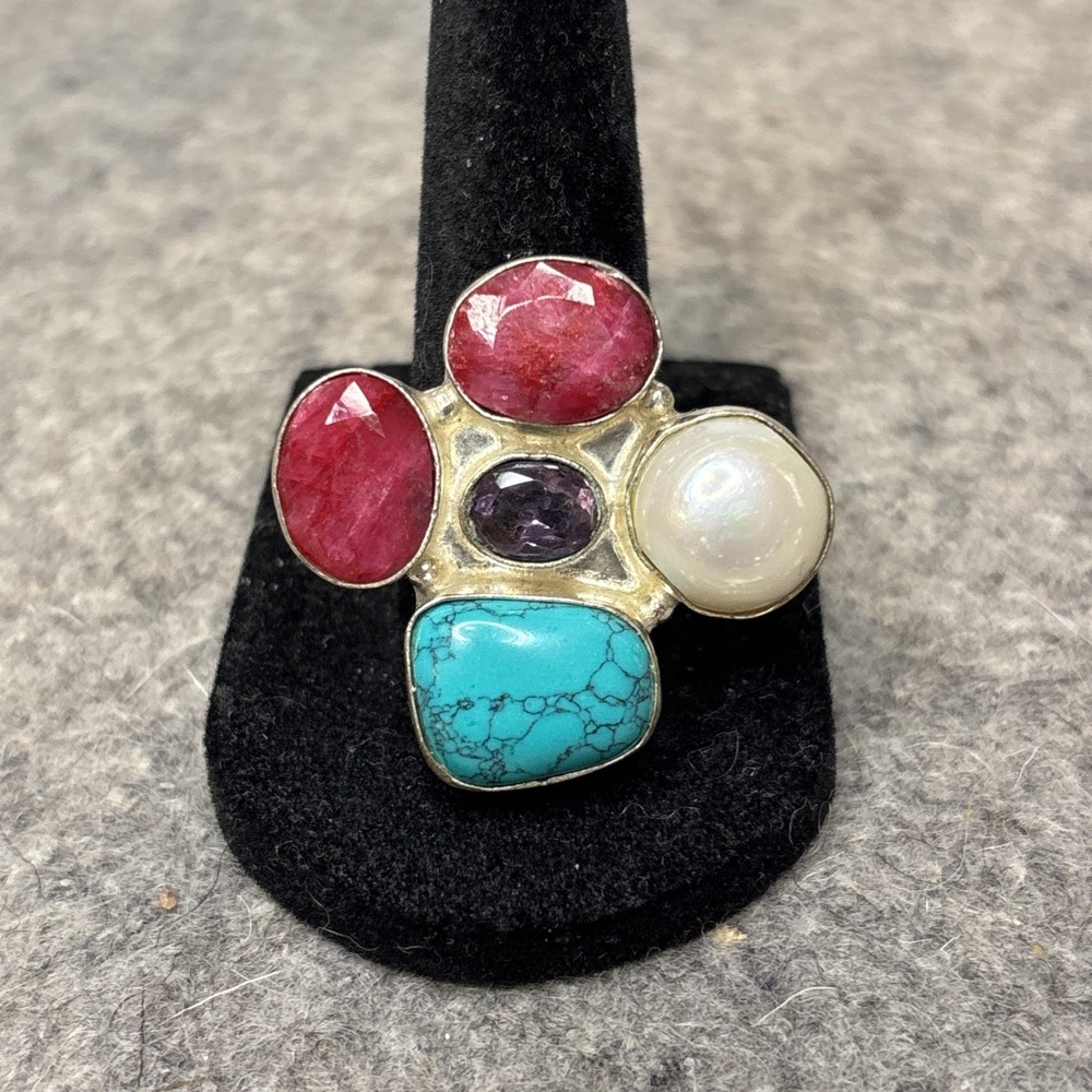 925 Sterling Silver Ruby Howlite Pearl Multi Gemstone Ring Size 8 Statement